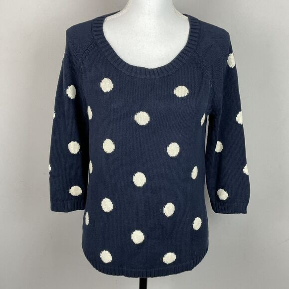 Lucky Brand Paula Blue Polka Dot 2/3 Sleeve Sweater Scoop Neck Size M - Picture 2 of 10